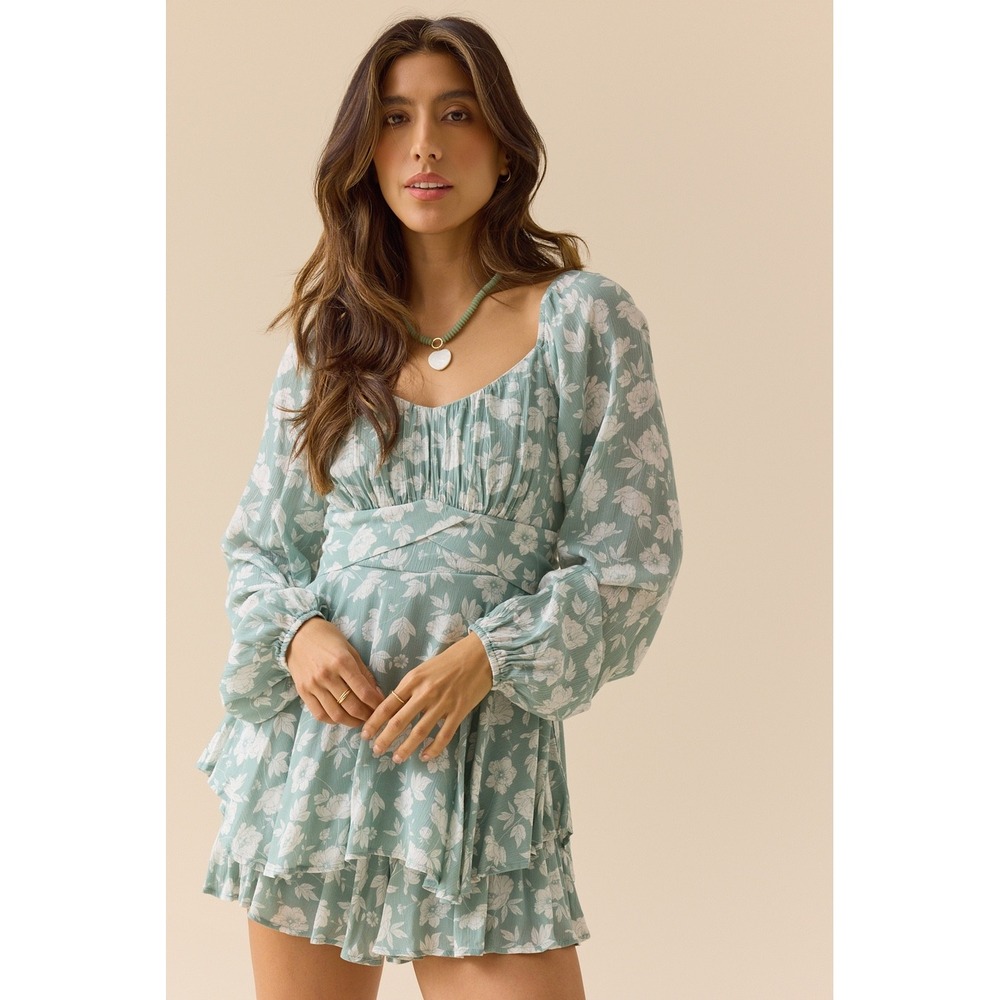 Altar'd State Sage Green Floral Long Sleeve Romper Dress Size XL NWT